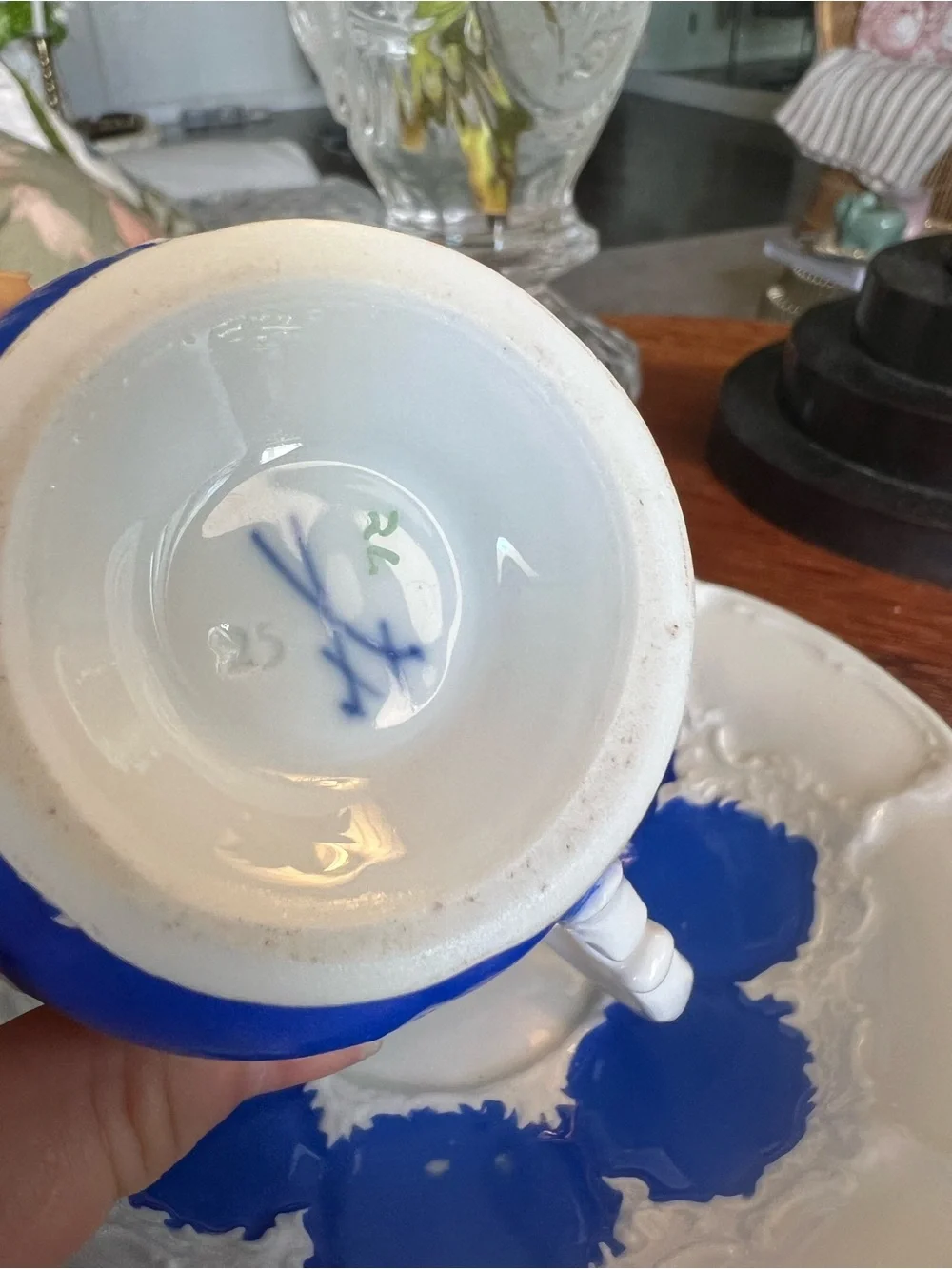 Authentic Meissen B-Form Cobalt Blue and White Porcelain Teacup & Saucer Set